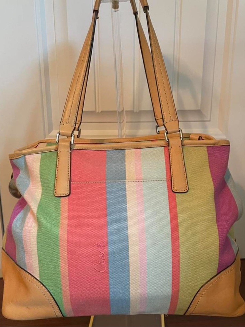 Coach Pastel Multi-Stripe Canvas Tote with Tan Leather Handles